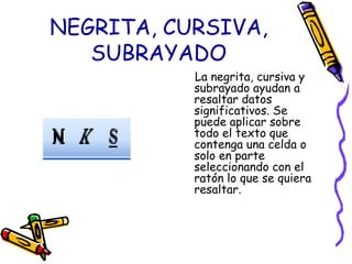 NEGRITA, CURSIVA, SUBRAYADO    La negrita, cursiva y subrayado ayudan a resaltar datos significativos. Se puede aplicar sobre todo el texto que contenga una celda o solo en parte seleccionando con el ratón lo que se quiera resaltar.