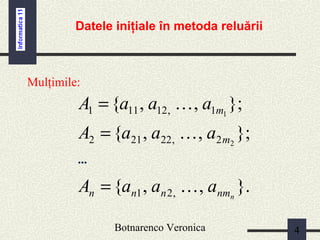 Botnarenco Veronica 4
Datele iniţiale în metoda reluării
Mulţimile:
};,,{ 11,12111 maaaA =
};,,{ 22,22212 maaaA =
...
}.,,{ ,21 nnmnnn aaaA =
 
