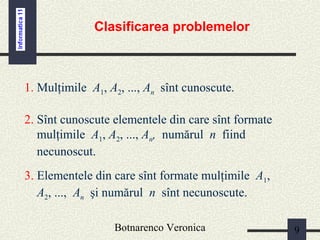 Botnarenco Veronica 9
Clasificarea problemelor
1. Mulţimile A1, A2, ..., An sînt cunoscute.
3. Elementele din care sînt formate mulţimile A1,
A2, ..., An şi numărul n sînt necunoscute.
2. Sînt cunoscute elementele din care sînt formate
mulţimile A1, A2, ..., An, numărul n fiind
necunoscut.
 