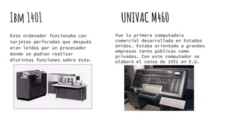 Ibm 1401
Este ordenador funcionaba con
tarjetas perforadas que después
eran leídas por un procesador
donde se podían realizar
distintas funciones sobre ésta.
UNIVAC M460
Fue la primera computadora
comercial desarrollada en Estados
Unidos. Estaba orientado a grandes
empresas tanto públicas como
privadas. Con este computador se
elaboró el censo de 1951 en E.U.
 