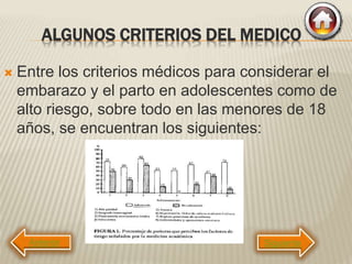 ALGUNOS CRITERIOS DEL MEDICO
 Entre los criterios médicos para considerar el
embarazo y el parto en adolescentes como de
alto riesgo, sobre todo en las menores de 18
años, se encuentran los siguientes:
Siguiente
 