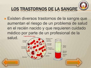 LOS TRASTORNOS DE LA SANGRE
 Existen diversos trastornos de la sangre que
aumentan el riesgo de un problema de salud
en el recién nacido y que requieren cuidado
médico por parte de un profesional de la
salud.
Siguiente
 