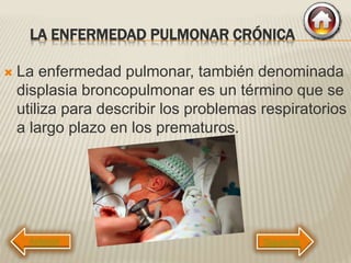 LA ENFERMEDAD PULMONAR CRÓNICA
 La enfermedad pulmonar, también denominada
displasia broncopulmonar es un término que se
utiliza para describir los problemas respiratorios
a largo plazo en los prematuros.
Siguiente
 