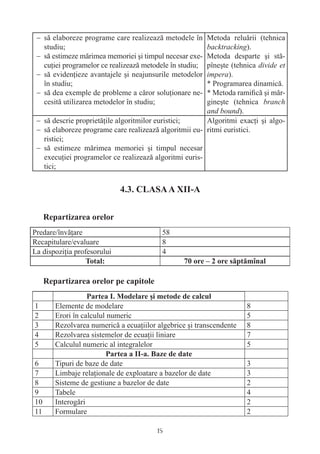 − să elaboreze programe care realizează metodele în    Metoda reluării (tehnica
   studiu;                                              backtracking).
 − să estimeze mărimea memoriei şi timpul necesar exe-  Metoda desparte şi stă-
   cuţiei programelor ce realizează metodele în studiu; pîneşte (tehnica divide et
 − să evidenţieze avantajele şi neajunsurile metodelor  impera).
   în studiu;                                           * Programarea dinamică.
 − să dea exemple de probleme a căror soluţionare ne-   * Metoda ramiﬁcă şi măr-
   cesită utilizarea metodelor în studiu;               gineşte (tehnica branch
                                                        and bound).
 − să descrie proprietăţile algoritmilor euristici;     Algoritmi exacţi şi algo-
 − să elaboreze programe care realizează algoritmii eu- ritmi euristici.
   ristici;
 − să estimeze mărimea memoriei şi timpul necesar
   execuţiei programelor ce realizează algoritmi euris-
   tici;




Predare/învăţare                          58
Recapitulare/evaluare                     8
La dispoziţia profesorului                4




1      Elemente de modelare                                          8
2      Erori în calculul numeric                                     5
3      Rezolvarea numerică a ecuaţiilor algebrice şi transcendente   8
4      Rezolvarea sistemelor de ecuaţii liniare                      7
5      Calculul numeric al integralelor                              5

6      Tipuri de baze de date                                        3
7      Limbaje relaţionale de exploatare a bazelor de date           3
8      Sisteme de gestiune a bazelor de date                         2
9      Tabele                                                        4
10     Interogări                                                    2
11     Formulare                                                     2

                                        15
 