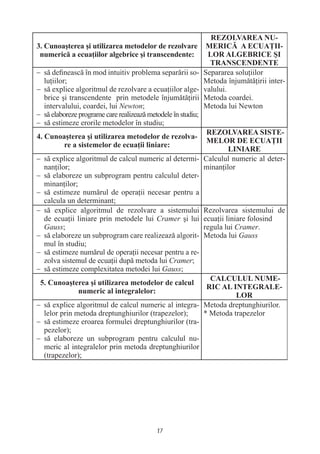 − să deﬁnească în mod intuitiv problema separării so-         Separarea soluţiilor
  luţiilor;                                                   Metoda înjumătăţirii inter-
− să explice algoritmul de rezolvare a ecuaţiilor alge-       valului.
  brice şi transcendente prin metodele înjumătăţirii          Metoda coardei.
  intervalului, coardei, lui Newton;                          Metoda lui Newton
− să elaboreze programe care realizează metodele în studiu;
− să estimeze erorile metodelor în studiu;



− să explice algoritmul de calcul numeric al determi-         Calculul numeric al deter-
  nanţilor;                                                   minanţilor
− să elaboreze un subprogram pentru calculul deter-
  minanţilor;
− să estimeze numărul de operaţii necesar pentru a
  calcula un determinant;
− să explice algoritmul de rezolvare a sistemului             Rezolvarea sistemului de
  de ecuaţii liniare prin metodele lui Cramer şi lui          ecuaţii liniare folosind
  Gauss;                                                      regula lui Cramer.
− să elaboreze un subprogram care realizează algorit-         Metoda lui Gauss
  mul în studiu;
− să estimeze numărul de operaţii necesar pentru a re-
  zolva sistemul de ecuaţii după metoda lui Cramer;
− să estimeze complexitatea metodei lui Gauss;



− să explice algoritmul de calcul numeric al integra- Metoda dreptunghiurilor.
  lelor prin metoda dreptunghiurilor (trapezelor);    * Metoda trapezelor
− să estimeze eroarea formulei dreptunghiurilor (tra-
  pezelor);
− să elaboreze un subprogram pentru calculul nu-
  meric al integralelor prin metoda dreptunghiurilor
  (trapezelor);




                                           17
 