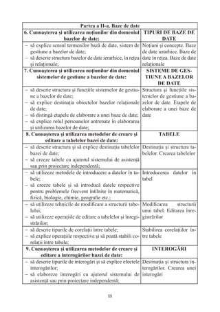 − să explice sensul termenilor bază de date, sistem de        Noţiuni şi concepte. Baze
  gestiune a bazelor de date;                                 de date ierarhice. Baze de
− să descrie structura bazelor de date ierarhice, în reţea    date în reţea. Baze de date
  şi relaţionale;                                             relaţionale



− să descrie structura şi funcţiile sistemelor de gestiu-     Structura şi funcţiile sis-
  ne a bazelor de date;                                       temelor de gestiune a ba-
− să explice destinaţia obiectelor bazelor relaţionale        zelor de date. Etapele de
  de date;                                                    elaborare a unei baze de
− să distingă etapele de elaborare a unei baze de date;       date
− să explice rolul persoanelor antrenate în elaborarea
  şi utilizarea bazelor de date;


− să descrie structura şi să explice destinaţia tabelelor     Destinaţia şi structura ta-
  bazei de date;                                              belelor. Crearea tabelelor
− să creeze tabele cu ajutorul sistemului de asistenţă
  sau prin proiectare independentă;
− să utilizeze metodele de introducere a datelor în ta-       Introducerea datelor în
  bele;                                                       tabel
− să creeze tabele şi să introducă datele respective
  pentru problemele frecvent întîlnite în matematică,
  ﬁzică, biologie, chimie, geograﬁe etc.;
− să utilizeze tehnicile de modiﬁcare a structurii tabe-      Modiﬁcarea       structurii
  lului;                                                      unui tabel. Editarea înre-
− să utilizeze operaţiile de editare a tabelelor şi înregi-   gistrărilor
  strărilor;
− să descrie tipurile de corelaţii între tabele;              Stabilirea corelaţiilor în-
− să explice operaţiile respective şi să poată stabili co-    tre tabele
  relaţii între tabele;


− să descrie tipurile de interogări şi să explice efectele Destinaţia şi structura in-
  interogărilor;                                           terogărilor. Crearea unei
− să elaboreze interogări cu ajutorul sistemului de interogări
  asistenţă sau prin proiectare independentă;

                                          18
 