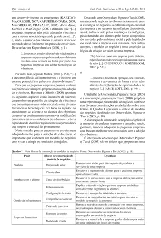 Gest. Prod., São Carlos, v. 20, n. 1, p. 147-161, 2013

150 Araujo et al.

em desenvolvimento ou emergentes (KARTIWI;
MacGREGOR, 2007; KAPURUBANDARA, 2009;
MacGREGOR; VRASALIC, 2005). Além disso,
Kartiwi e MacGregor (2007) afirmam que “[...]
pequenas empresas não estão adotando e-business
com a mesma velocidade que as de grande porte [...]”;
e, ainda, a maioria dos estudos existentes dedica-se
ao estudo desse fenômeno em países desenvolvidos.
De acordo com Kapurubandara (2009, p. 1),
[...] os poucos estudos disponíveis relacionados a
pequenas empresas em países em desenvolvimento
revelam uma demora ou falha por parte das
pequenas empresas em adotar tecnologias de
e-business.

Por outro lado, segundo Mishra (2010, p. 252), “[...]
a crescente difusão da Internet tornou o e-business um
enorme potencial em países em desenvolvimento”.
Para que as pequenas empresas possam usufruir
das potenciais vantagens proporcionadas pela adoção
do e-business, Hartman e Sifonis (2000) apontam
os seguintes aspectos como indutores de sucesso:
desenvolver um portfólio de soluções de e-business
que comuniquem uma visão articulada entre diversas
ferramentas tecnológicas; ter foco na rapidez no
atendimento ao cliente e no alcance dos objetivos;
desenvolver continuamente e promover modificações
constantes em seus ambientes de e-business; e ter a
capacidade de identificar rapidamente as oportunidades
que surgem e executá-las prontamente.
Neste sentido, para as empresas se estruturarem
adequadamente para a adoção de e-business, é
importante que elaborem um modelo de negócios
com vistas a atingir os resultados almejados.

De acordo com Osterwalder, Pigneur e Tucci (2005),
um modelo de negócios envolve o relacionamento entre
a estratégia de negócios, a estrutura organizacional
da empresa e os recursos tecnológicos disponíveis,
sendo influenciado pelas mudanças tecnológicas,
pelas demandas dos clientes, pelas forças competitivas
do mercado, pelo ambiente social e pela legislação
do local onde a empresa está instalada. Para outros
autores, o modelo de negócio é uma descrição da
lógica da criação de valor de uma empresa.
[Ele] descreve como uma empresa ganha dinheiro,
especificando onde ele está posicionado na cadeia
de valor [...] (CHESBROUGH; ROSENBLOOM,
2002, p. 533)

e
[...] mostra o desenho da operação, seu conteúdo,
estrutura e governança de forma a criar valor
através da exploração de oportunidades de
negócio [...] (AMIT; ZOTT, 2001, p. 494).

O trabalho de Osterwalder, Pigneur e Tucci (2005)
e a sua evolução, proposta por Teece (2010), propõem
uma representação para modelo de negócios com base
nas diversas conceituações estabelecidas sobre este
termo. O Quadro 1 apresenta a síntese do modelo
de negócios idealizado por Osterwalder, Pigneur e
Tucci (2005, p. 18).
A elaboração de um modelo de negócios é aplicável
a empresas de qualquer segmento e tamanho, sendo,
portanto, também adequado às pequenas empresas
que buscam melhorar seus resultados com a adoção
de e-business.
É interessante observar que Osterwalder, Pigneur
e Tucci (2005) são os únicos que propuseram uma

Quadro 1. Nove blocos de construção de modelos de negócio. Fonte: Osterwalder, Pigneur e Tucci (2005, p. 18).

Pilar
Produto

Blocos de construção do
modelo de negócios
Proposta de valor
Cliente-alvo

Interface com o cliente

Canal de distribuição
Relacionamento
Configuração de valor

Gestão da infraestrutura

Competência essencial
Cadeia de parceiros
Estrutura de custos

Aspectos financeiros
Modelo de receita

Descrição
Fornece uma visão geral do conjunto de produtos e
serviços de uma empresa
Descreve o segmento de clientes para o qual uma empresa
quer oferecer valor
Descreve os vários meios que a empresa utiliza para entrar
em contato com o cliente
Explica o tipo de relações que uma empresa estabelece
com diferentes segmentos de clientes
Descreve o arranjo das atividades e recursos
Descreve as competências necessárias para executar o
modelo de negócio da empresa
Retrata a rede de acordos de cooperação com outras empresas,
necessária para oferecer e comercializar com eficiência
Resume as consequências monetárias dos meios
empregados no modelo de negócio
Descreve a maneira de a empresa ganhar dinheiro por meio
de uma variedade de fluxos de receitas

 