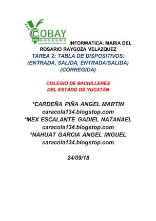 INFORMATICA: MARIA DEL
ROSARIO RAYGOZA VELÁZQUEZ
TAREA 2: TABLA DE DISPOSITIVOS:
(ENTRADA, SALIDA, ENTRADA/SALIDA)
(CORREGIDA)
COLEGIO DE BACHILLERES
DEL ESTADO DE YUCATÁN
*CARDEÑA PIÑA ANGEL MARTIN
caracola134.blogstop.com
*MEX ESCALANTE GADIEL NATANAEL
caracola134.blogstop.com
*NAHUAT GARCIA ANGEL MIGUEL
caracola134.blogstop.com
24/09/18
 