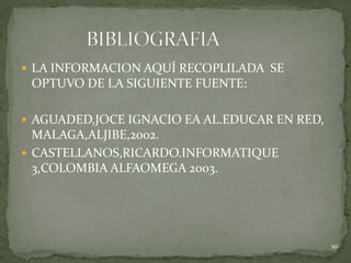  LA INFORMACION AQUÍ RECOPLILADA SE
 OPTUVO DE LA SIGUIENTE FUENTE:

 AGUADED,JOCE IGNACIO EA AL.EDUCAR EN RED,
  MALAGA,ALJIBE,2002.
 CASTELLANOS,RICARDO.INFORMATIQUE
  3,COLOMBIA ALFAOMEGA 2003.




                                              10
 