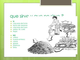 que sirve y que no sirve ?
   SI
   cáscaras de frutas
   restos de verduras
   cáscaras de huevo
   yerba, té, café
   Hojas

   NO
   vidrios
   huesos enteros
   carne
   grasas
   plásticos
   latas
 