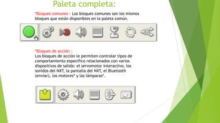 Paleta completa:
*Bloques comunes : Los bloques comunes son los mismos
bloques que están disponibles en la paleta común.
*Bloques de acción :
Los bloques de acción le permiten controlar tipos de
comportamiento específico relacionados con varios
dispositivos de salida: el servomotor interactivo, los
sonidos del NXT, la pantalla del NXT, el Bluetooth
(enviar), los motores* y las lámparas*.
 