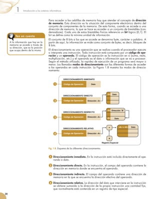 Para acceder a las celdillas de memoria hay que atender al concepto de dirección
de memoria. Esta dirección es la situación del componente electrónico dentro del
conjunto de componentes de la memoria. De esta forma, cuando se accede a una
dirección de memoria, lo que se hace es acceder a un conjunto de biestables (con-
densadores). Cada uno de estos biestables físicos referencia un bit lógico (0,1). El
bit se define como la mínima unidad de información.
El conjunto de 8 bits a los que se accede se denomina byte, carácter o palabra. A
partir de aquí, la información se mide como conjunto de bytes, es decir, bloques de
8 bits.
El direccionamiento es una operación que se realiza cuando el procesador ejecuta
o interpreta una instrucción. Toda instrucción está compuesta por un código de ope-
ración y un operando. El código de operación es la instrucción en sí (suma, resta,
multiplicación, etc.) y el operando es el dato o información que se va a procesar.
Según el método utilizado, la rapidez de ejecución de un programa será mayor o
menor. Los llamados modos de direccionamiento son las diferentes formas de acceder
a los operandos en cada instrucción. La Figura 1.8 muestra los modos de direccio-
namiento:
1 Direccionamiento inmediato. En la instrucción está incluido directamente el ope-
rando o dato.
2  Direccionamiento directo. En la instrucción, el campo del operando contiene la
dirección en memoria donde se encuentra el operando.
3  Direccionamiento indirecto. El campo del operando contiene una dirección de
memoria en la que se encuentra la dirección efectiva del operando.
4  Direccionamiento relativo. La dirección del dato que interviene en la instrucción
se obtiene sumando a la dirección de la propia instrucción una cantidad fija,
que normalmente está contenida en un registro de tipo especial.
Introducción a los sistemas informáticos1
20
A la información que hay en la
memoria se accede a través de
su dirección, que es la posición
que ocupa dentro de la misma.
Ten en cuenta
Fig. 1.8. Esquema de los diferentes direccionamientos.
DIRECCIONAMIENTO INMEDIATO
DIRECCIONAMIENTO DIRECTO
DIRECCIONAMIENTO INDIRECTO
DIRECCIONAMIENTO RELATIVO
1
2
3
4
Código de Operación Dato
Dirección «A»
Dirección «A»
Dirección «A»
Registro Especial
Código de Operación
Código de Operación
Código de Operación
«A»
«A»
«B»
«A» + «K» Dato
Dato
Dato
Dirección “B”
+
K
 