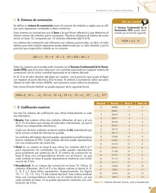 B. Sistemas de numeración
Se define un sistema de numeración como el conjunto de símbolos y reglas que se utili-
zan para representar cantidades o datos numéricos.
Estos sistemas se caracterizan por la base a la que hacen referencia y que determina el
distinto número de símbolos que lo componen. Nosotros utilizamos el sistema de nume-
ración en base 10, compuesto por 10 símbolos diferentes (del 0 al 9).
Los sistemas de numeración que utilizamos son sistemas posicionales, es decir, el valor
relativo que cada símbolo representa queda determinado por su valor absoluto y por la
posición que ocupe dicho símbolo en un conjunto.
Todos los sistemas posicionales están basados en el Teorema Fundamental de la Nume-
ración (TFN), que sirve para relacionar una cantidad expresada en cualquier sistema de
numeración con la misma cantidad expresada en el sistema decimal.
En él, X es el valor absoluto del dígito en cuestión, i es la posición que ocupa el dígito
con respecto al punto decimal y B es la base. El símbolo Σ (sumatorio) indica que para
obtener el valor del número (NÚM), será necesario sumar todos los productos.
Esta misma fórmula también se puede expresar de la siguiente forma:
	 C. Codificación numérica
Son tres los sistemas de codificación que utiliza habitualmente un siste-
ma informático:
•	Binario. Este sistema utiliza dos símbolos diferentes: el cero y el uno
(0,1). Es el sistema que maneja el ordenador internamente, ya que lo
utilizan sus componentes electrónicos.
	 Cada uno de estos símbolos recibe el nombre de bit, entendiendo por
tal la mínima unidad de información posible.
	 Los símbolos del sistema decimal pueden representarse (codificarse) en
binario mediante el TFN. Cada símbolo decimal puede representarse
con una combinación de cuatro bits.
•	Octal. Es un sistema en base 8 que utiliza los símbolos del 0 al 7
para representar las cantidades, las cuales quedan reproducidas
posicionalmente por potencias de 8. El sistema de numeración en
base 8 tiene una correspondencia directa con el binario, ya que
cada símbolo en base 8 puede representarse mediante una combi-
nación de 3 bits.
•	Hexadecimal. Es un sistema de numeración en base 16. Utiliza 16
símbolos diferentes, del 0 al 9 y los dígitos valores (o letras) A, B,
C, D, E y F. Estas letras representan, respectivamente, los dígitos
10, 11, 12, 13, 14 y 15 del sistema decimal. Este sistema también
tiene una correspondencia directa con el sistema binario, ya que
cada símbolo en base 16 se puede representar mediante una com-
binación de 4 bits.
27
1Introducción a los sistemas informáticos
283 = 2 · 102
+ 8 · 101
+ 3 · 100
= 200 + 80 + 3
NÚM = Xn · 10n
+. . . + X2 · 102
+ X1 · 101
+ X0 · 100
+ X–1 · 10–1
+ X–2 · 10–2
. . . + X–N · 10–N
El Teorema Fundamental de la
Numeración (TFN) queda deter-
minado por la fórmula siguiente:
Ten en cuenta
NÚM = Σ Xi · Bi
Decimal Binario Base 8 Base 16
	 0 00000 	 0 0
	 1 00001 	 1 1
	 2 00010 	 2 2
	 3 00011 	 3 3
	 4 00100 	 4 4
	 5 00101 	 5 5
	 6 00110 	 6 6
	 7 00111 	 7 7
	 8 01000 	 10 8
	 9 01001 	 11 9
	 10 01010 	 12 A
	 11 01011 	 13 B
	 12 01100 	 14 C
	 13 01101 	 15 D
	 14 01110 	 16 E
	 15 01111 	 17 F
	 16 10000 	 20 10
	 17 10001 	 21 11
	 18 10010 	 22 12
	 19 10011 	 23 13
Tabla 1.3. Sistemas decimal, binario, octal y hexadecimal.
 