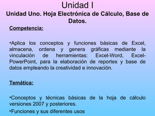 Unidad I
Unidad Uno. Hoja Electrónica de Cálculo, Base de
Datos.
Competencia:
•Aplica los conceptos y funciones básicas de Excel,
almacena, ordena y genera gráficas mediante la
vinculación
de
herramientas:
Excel-Word,
ExcelPowerPoint, para la elaboración de reportes y base de
datos empleando la creatividad e innovación.
Temática:
•Conceptos y técnicas básicas de la hoja de cálculo
versiones 2007 y posteriores.
•Funciones y sus diferentes usos

 
