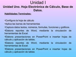 Unidad I
Unidad Uno. Hoja Electrónica de Cálculo, Base de
Datos.
Habilidades Terminales:
•Configura la hoja de cálculo
•Aplica las barras de herramientas
•Captura datos textos, números, formulas, funciones y gráficos.
•Elabora reportes de Word, mediante la vinculación de
herramientas de Excel.
•Elabora presentaciones en PowerPoint e insertar hojas de
cálculo y aplicación de tablas.
•Elabora reportes de Word, mediante la vinculación de
herramientas de Excel.
•Elabora presentaciones en PowerPoint e insertar hojas de
cálculo y aplicación de tablas

 