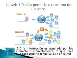 La web 2.0 la información es generada por los
usuarios directa o indirectamente, lo que hace
posible que cada usuario tenga su sitio en la red
 