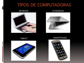 TIPOS DE COMPUTADORAS 
NETBOOK 
ULTRABOOK 
TABLET SMARTPHONE 
 