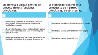 En esencia a unidad central de
proceso tiene 3 funciones
principales:
Controlar y supervisar el sistema de cómputo,
con bases a un programa almacenado en la
unidad de memoria.
Desarrollar las operaciones matemáticas y lógicas
que en un momento dado sean necesarias para
procesar datos.
Controlar el envío y recepción de datos desde las
unidades periféricas de la unidad de memoria.
El procesador central esta
compuesto de 4 partes
principales, o subsistemas:
Unidad de memoria o almacenamiento primarios
Unidad de Control y Unidad Aritmético-Lógica
Unidad de control de periféricos
 