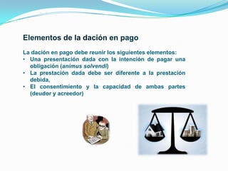 La dación en pago debe reunir los siguientes elementos:
• Una presentación dada con la intención de pagar una
obligación (animus solvendi)
• La prestación dada debe ser diferente a la prestación
debida,
• El consentimiento y la capacidad de ambas partes
(deudor y acreedor)

 
