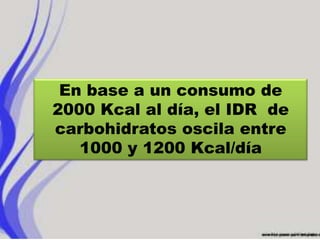 En base a un consumo de
2000 Kcal al día, el IDR de
carbohidratos oscila entre
1000 y 1200 Kcal/día
 