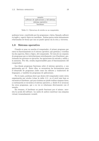 1.3. Sistema operativo                                                 19



                                 usuario
                 software de aplicaciones y del sistema
                           sistema operativo
                                hardware


            Tabla 1.1. Estructura de niveles en un computador.

podemos tocar, constituida por los programas y datos, llamada software
en ingl´s y soporte l´gico en castellano. Ambas partes est´n ´
       e             o                                    a ıntimamente
relacionadas de forma que una no puede operar sin la otra y viceversa.


1.3     Sistema operativo
    Cuando se pone en marcha el computador, el primer programa que
entra en funcionamiento es el sistema operativo, que gestiona y coordina
los dos aspectos, f´
                   ısico y l´gico, del computador. Se trata de un conjunto
                            o
de programas que se interrelacionan estrechamente con el hardware, ges-
tionando los procesos en ejecuci´n, las operaciones de entrada y salida y
                                   o
la memoria. Por ello, resulta imprescindible para el funcionamiento del
computador.
    Los dem´s programas funcionan sobre el sistema operativo, y son
             a
gestionados por ´l. Entre ellos, se encuentran las herramientas para
                 e
el desarrollo de programas (tales como los editores y traductores de
lenguajes), y tambi´n los programas de aplicaciones.
                   e
    Por lo tanto, podemos decir que dentro del computador existe cierta
organizaci´n por niveles (v´ase la tabla 1.1): en el nivel m´s bajo se
           o                e                                 a
encuentra el hardware, que por s´ mismo no puede realizar ninguna tarea;
                                ı
a continuaci´n se encuentra el sistema operativo, y desde ´l se arrancan
             o                                            e
los otros programas, que a su vez se relacionan directamente con el
usuario.
    En resumen, el hardware no puede funcionar por s´ mismo: nece-
                                                        ı
sita la ayuda del software. La uni´n de ambos constituye una m´quina
                                   o                              a
virtual, tremendamente vers´til.
                             a
 