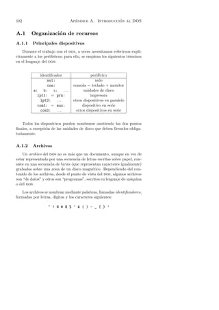 182                               ´                   ´
                                Apendice A. Introduccion al DOS


A.1      Organizaci´n de recursos
                   o
A.1.1     Principales dispositivos
    Durante el trabajo con el dos, a veces necesitamos referirnos expl´  ı-
citamente a los perif´ricos; para ello, se emplean los siguientes t´rminos
                     e                                             e
en el lenguaje del dos:


             identiﬁcador                    perif´rico
                                                  e
                 nul:                          nulo
                 con:             consola = teclado + monitor
          a: b: c: . . .                unidades de disco
            lpt1: = prn:                    impresora
             lpt2: . . .          otros dispositivos en paralelo
            com1: = aux:               dispositivo en serie
             com2: . . .            otros dispositivos en serie


    Todos los dispositivos pueden nombrarse omitiendo los dos puntos
ﬁnales, a excepci´n de las unidades de disco que deben llevarlos obliga-
                 o
toriamente.


A.1.2     Archivos
    Un archivo del dos no es m´s que un documento, aunque en vez de
                                 a
estar representado por una secuencia de letras escritas sobre papel, con-
siste en una secuencia de bytes (que representan caracteres igualmente)
grabados sobre una zona de un disco magn´tico. Dependiendo del con-
                                             e
tenido de los archivos, desde el punto de vista del dos, algunos archivos
son “de datos” y otros son “programas”, escritos en lenguaje de m´quina
                                                                  a
o del dos.

   Los archivos se nombran mediante palabras, llamadas identiﬁcadores,
formadas por letras, d´
                      ıgitos y los caracteres siguientes:

                   ~ ! @ # $ % ^  ( ) - _ { } ’
 