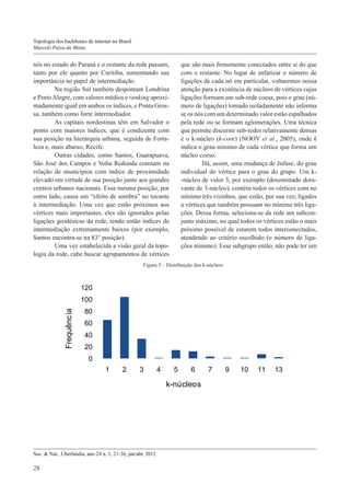 Topologia dos backbones de internet no Brasil
Marcelo Paiva da Motta

nós no estado do Paraná e o restante da rede passam,
tanto por ele quanto por Curitiba, aumentando sua
importância no papel de intermediação.
	Na região Sul também despontam Londrina
e Porto Alegre, com valores médios e ranking aproximadamente igual em ambos os índices, e Ponta Grossa, também como forte intermediador.
	As capitais nordestinas têm em Salvador o
ponto com maiores índices, que é condizente com
sua posição na hierarquia urbana, seguida de Fortaleza e, mais abaixo, Recife.
	Outras cidades, como Santos, Guarapuava,
São José dos Campos e Volta Redonda constam na
relação de municípios com índice de proximidade
elevado em virtude de sua posição junto aos grandes
centros urbanos nacionais. Essa mesma posição, por
outro lado, causa um “efeito de sombra” no tocante
à intermediação. Uma vez que estão próximos aos
vértices mais importantes, eles são ignorados pelas
ligações geodésicas da rede, tendo então índices de
intermediação extremamente baixos (por exemplo,
Santos encontra-se na 83° posição).
	Uma vez estabelecida a visão geral da topologia da rede, cabe buscar agrupamentos de vértices

que são mais firmemente conectados entre si do que
com o restante. No lugar de enfatizar o número de
ligações de cada nó em particular, voltaremos nossa
atenção para a existência de núcleos de vértices cujas
ligações formam um sub-rede coesa, pois o grau (número de ligações) tomado isoladamente não informa
se os nós com um determinado valor estão espalhados
pela rede ou se formam aglomerações. Uma técnica
que permite discernir sub-redes relativamente densas
é o k-núcleo (k-core) (NOOY et al., 2005), onde k
indica o grau mínimo de cada vértice que forma um
núcleo coeso.
	Há, assim, uma mudança de ênfase, do grau
individual do vértice para o grau do grupo. Um k-núcleo de valor 3, por exemplo (denominado doravante de 3-núcleo), contém todos os vértices com no
mínimo três vizinhos, que estão, por sua vez, ligados
a vértices que também possuam no mínimo três ligações. Dessa forma, seleciona-se da rede um subconjunto máximo, no qual todos os vértices estão o mais
próximo possível de estarem todos interconectados,
atendendo ao critério escolhido (o número de ligações mínimo). Esse subgrupo então, não pode ter um

Figura 3 – Distribuição dos k-núcleos

120

Frequênc ia

100
80
60
40
20
0
1

2

3

4

5

6

k-núcleos

Soc. & Nat., Uberlândia, ano 24 n. 1, 21-36, jan/abr. 2012

28

7

9

10

11

13

 