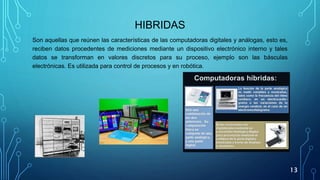 HIBRIDAS
Son aquellas que reúnen las características de las computadoras digitales y análogas, esto es,
reciben datos proc...