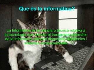 Que és la informàtica?



  La Informàtica és la ciència o tècnica relativa a
la tecnologia que estudia el tractament automàtic
 de la informació utilitzant dispositius electrònics i
             sistemes computacionals.
 