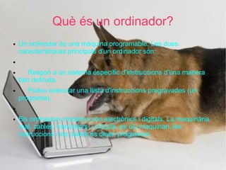 Què és un ordinador?
●   Un ordinador és una màquina programable. Les dues
    característiques principals d'un ordinador són:
●


●      Respon a un sistema específic d'instruccions d'una manera
    ben definida.
●      Podeu executar una llista d'instruccions pregravades (un
    programa).
●


●   Els ordinadors moderns són electrònics i digitals. La maquinària
    real, cables, transistors, i circuits, es diu maquinari, les
    instruccions i les dades es diuen programari.
 