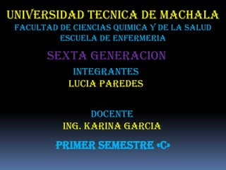 UNIVERSIDAD TECNICA DE MACHALA
FACULTAD DE CIENCIAS QUIMICA Y DE LA SALUD
ESCUELA DE ENFERMERIA

SEXTA GENERACION
INTEGRANTES
LUCIA PAREDES
DOCENTE
ING. KARINA GARCIA

PRIMER SEMESTRE «C»

 