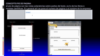 CONCEPTO PIE DE PAGINA :
el pie de página son las notas aclaratorias sobre partes del texto, es lo de los libros o
revistas científicas. En general ahí se pone el numero de pagina o el nombre de la empresa.
 