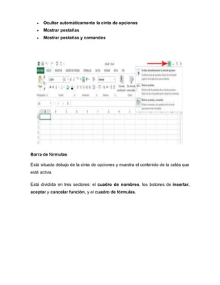  Ocultar automáticamente la cinta de opciones
 Mostrar pestañas
 Mostrar pestañas y comandos
Barra de fórmulas
Está situada debajo de la cinta de opciones y muestra el contenido de la celda que
está activa.
Está dividida en tres sectores: el cuadro de nombres, los botones de insertar,
aceptar y cancelar función, y el cuadro de fórmulas.
 