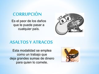 CORRUPCIÓN
Es el peor de los daños
que le puede pasar a
cualquier país.
ASALTOSY ATRACOS
Esta modalidad se emplea
como un trabajo que
deja grandes sumas de dinero
para quien lo comete.
 