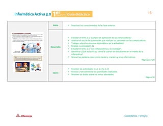 Inicio ✓ Reactivar los conocimientos de la clase anterior.
Desarrollo
✓ Estudiar el tema 1.5 “Campos de aplicación de las computadoras”.
✓ Analizar el uso de las actividades que realizan las personas con las computadoras.
✓ Trabajar sobre los sistemas informáticos en la actualidad.
✓ Realizar la actividad 1.12
✓ Estudiar el tema 1.6 “Las computadoras y la sociedad”.
✓ Identificar ¿Qué es la ética y cómo la usarían los estudiantes en el medio de la
informática?
✓ Revisar las palabras clave como hackers, crackers y virus informáticos.
Páginas 27-29
Cierre
✓ Resolver las actividades 1.13, 1.14 y 1.15
✓ Revisar y retroalimentar las actividades realizadas.
✓ Resolver las dudas sobre los temas abordados.
Página 30
 