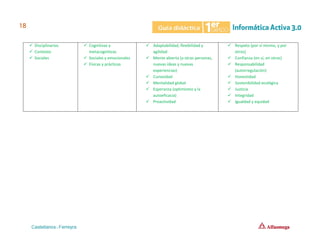 ✓ Disciplinarios
✓ Contexto
✓ Sociales
✓ Cognitivas y
metacognitivas
✓ Sociales y emocionales
✓ Físicas y prácticas
✓ Adaptabilidad, flexibilidad y
agilidad
✓ Mente abierta (a otras personas,
nuevas ideas y nuevas
experiencias)
✓ Curiosidad
✓ Mentalidad global
✓ Esperanza (optimismo y la
autoeficacia)
✓ Proactividad
✓ Respeto (por sí mismo, y por
otros)
✓ Confianza (en sí, en otros)
✓ Responsabilidad
(autorregulación)
✓ Honestidad
✓ Sostenibilidad ecológica
✓ Justicia
✓ Integridad
✓ Igualdad y equidad
 