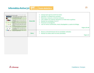 Desarrollo
✓ Conocer para qué nos sirven los íconos.
✓ Identificar la utilidad de las ventanas.
✓ Maximizar, restaurar y minimizar ventanas.
✓ Leer y deducir los sistemas operativos en modo texto vs gráficos.
✓ Resolver las actividades 2.6 y 2.7
✓ Presentar la investigación.
✓ Usar los menús contextuales, menús desplegables y cuadros de diálogo.
Páginas 46-48
Cierre
✓ Revisar y retroalimentación de las actividades realizadas.
✓ Resolver las dudas sobre los temas abordados.
Página 52
 