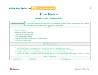 Primer Trimestre
Bloque 1 – Introducción a la Informática
Propósitos del bloque 1
1. Reconocer qué es la informática y su contexto.
2. Distinguir la informática como un sistema capaz de satisfacer con mayor facilidad las necesidades de la sociedad.
3. Identificar los diversos beneficios que la informática puede ofrecer.
Temas
✓ Ciencia, técnica y tecnología
✓ Sistema informático
✓ Representación de la información
✓ Clasificación de las computadoras
✓ Las computadoras y la sociedad
✓ Proyecto 1. Historia de la computación y virus informáticos.
✓ Reafirmación del aprendizaje
Aprendizajes esperados
✓ Identifican la función de las máquinas e instrumentos en el desarrollo de los diversos procesos.
✓ Conocer el uso de herramientas, máquinas e instrumentos como extensión de las capacidades humanas.
✓ Identificar las funciones realizadas por los equipos de cómputo y el uso realizado por dichos equipos.
✓ Contrastar los cambios y adaptaciones de las herramientas, máquinas e instrumentos en diferentes contextos culturales y sociales.
Enfoque competencial
Conocimientos Habilidades Actitudes y valores
 