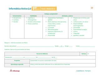Enfoque competencial
Conocimientos Habilidades Actitudes y valores
✓ Disciplinarios
✓ Contexto
✓ Sociales
✓ Cognitivas y
metacognitivas
✓ Sociales y emocionales
✓ Físicas y prácticas
✓ Adaptabilidad, flexibilidad y
agilidad
✓ Mente abierta (a otras personas,
nuevas ideas y nuevas
experiencias).
✓ Curiosidad
✓ Mentalidad global
✓ Esperanza (optimismo y la
autoeficacia)
✓ Proactividad
✓ Respeto (por sí mismo, y por
otros)
✓ Confianza (en sí, en otros)
✓ Responsabilidad
(autorregulación)
✓ Honestidad
✓ Sostenibilidad ecológica
✓ Justicia
✓ Integridad
✓ Igualdad y equidad
Bloque 3 – Informes escolares con Word
Nombre del profesor ______________________________________________________ Grado ___1°___ Grupo _____ Fecha ______________________
Subtema: Qué son los procesadores de texto.
Secuencia didáctica Semana 21
Semana del ________________ al ________________ de ___________________ de 20___.
Propósito Comprender el uso de un procesador de texto.
Aprendizaje esperado Valora y toma decisiones referentes al uso adecuado de los materiales.
 