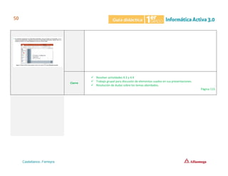 Cierre
✓ Resolver actividades 4.3 y 4.4
✓ Trabajo grupal para discusión de elementos usados en sus presentaciones.
✓ Resolución de dudas sobre los temas abordados.
Página 115
 