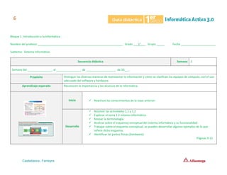 Bloque 1. Introducción a la Informática.
Nombre del profesor ______________________________________________________ Grado ___1°___ Grupo _____ Fecha ______________________
Subtema: Sistema informático.
Secuencia didáctica Semana 2
Semana del ________________ al ________________ de ___________________ de 20___.
Propósito Distinguir las diversas maneras de representar la información y cómo se clasifican los equipos de cómputo, con el uso
adecuado del software y hardware.
Aprendizaje esperado Reconocen la importancia y los alcances de la informática.
Inicio ✓ Reactivar los conocimientos de la clase anterior.
Desarrollo
✓ Resolver las actividades 1.1 y 1.2
✓ Explorar el tema 1.2 sistema informático.
✓ Revisar la terminología.
✓ Analizar sobre el esquema conceptual del sistema informático y su funcionalidad.
✓ Trabajar sobre el esquema conceptual, se pueden desarrollar algunos ejemplos de lo que
refiere dicho esquema.
✓ Identificar las partes físicas (hardware).
Páginas 9-11
 