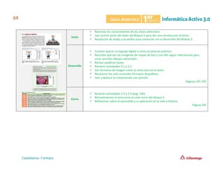 Inicio
✓ Reactivar los conocimientos de las clases anteriores.
✓ Leer primer parte del texto del Bloque 5 para dar una introducción al tema.
✓ Resolución de dudas y acuerdos para comenzar con el desarrollo del bloque 5.
Desarrollo
✓ Conocer qué es un leguaje digital y como se pone en práctica.
✓ Recordar qué son las imágenes de mapas de bits y con ello seguir indicaciones para
crear sencillos dibujos vectoriales.
✓ Revisar palabras claves.
✓ Resolver actividades 5.1 y 5.2
✓ Dar formatos de imagen como se menciona en el texto.
✓ Reconocer los más conocidos formatos de gráficos.
✓ Leer y deducir la comprensión con presión.
Páginas 141-145
Cierre
✓ Resolver actividades 5.3 y 5.4 (pág. 146).
✓ Retroalimentar el tema visto en este inicio del bloque 5.
✓ Reflexionar sobre lo aprendido y su aplicación en la vida cotidiana.
Página 145
 