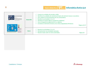 Desarrollo
✓ Conocer las unidades de entrada y salida.
✓ Identificar las unidades de memoria principal y de memoria masiva o secundaria.
✓ Leer y deducir el funcionamiento de una computadora.
✓ Resolver las actividades 1.3 y 1.4
✓ Identificar las partes lógicas o programas (software).
✓ Usar el lenguaje de programación y su objetivo.
✓ Considerar el elemento humano y las rutinas pregrabadas (firmware).
Páginas 10-17
Cierre
✓ Resolver las actividades 1.5 y 1.6
✓ Retroalimentar las actividades realizadas.
✓ Resolver dudas sobre los temas abordados. Página 18
 
