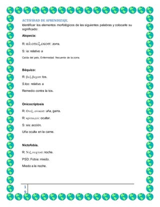 1
9
ACTIVIDAD DE APRENDIZAJE.
Identificar los elementos morfológicos de las siguientes palabras y colocarle su
significado:
Alopecia:
R: zorra.
S: ia: relativo a
Caída del pelo. Enfermedad frecuente de la zorra.
Béquico:
R: tos.
S:Ico: relativo a
Remedio contra la tos.
Onicocriptosis
R: uña, garra.
R: ocultar.
S: sis: acción.
Uña oculta en la carne.
Nictofobia.
R: noche.
PSD: Fobia: miedo.
Miedo a la noche.
 