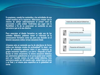 En ocasiones, cuando los contenidos y las actividades de una
unidad temática así lo requieran, deberemos romper con la
máxima de aplicar coherentemente el primer nivel de
concreción a cada unidad. Tendremos que jugar con la
flexibilidad a fin de no encorsetar un contenido en una
estructura que no le sea efectiva.

Para concretar el diseño formativo en cada una de las
unidades didáctica, podemos tomar el referente de la
consecuencia formativa como eje para una decisión en el
binomio secuencia cíclica versus secuencia lineal.

¿Estamos ante un contenido que ha de abordarse de forma
cíclica con distintos niveles de profundidad? Es decir, ¿se
trata de contenidos estancos entre si que requieren su
propia secuencia repetitiva y un cierre integrado al final?
Quizás en estas situaciones, la misma secuencia didáctica
que planteamos globalmente en el curso puede tener sentido
para ser repetida, entera, en cada unidad didáctica. Esta
estructura puede ser útil cuando cada unidad tiene un inicio
y un final, y el mismo peso especifico en la globalidad del
curso.
 