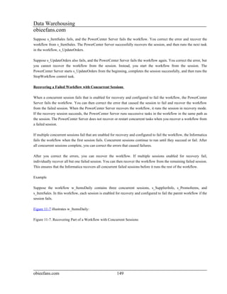 Data Warehousing
obieefans.com
Suppose s_ItemSales fails, and the PowerCenter Server fails the workflow. You correct the error and recover the
workflow from s_ItemSales. The PowerCenter Server successfully recovers the session, and then runs the next task
in the workflow, s_UpdateOrders.

Suppose s_UpdateOrders also fails, and the PowerCenter Server fails the workflow again. You correct the error, but
you cannot recover the workflow from the session. Instead, you start the workflow from the session. The
PowerCenter Server starts s_UpdateOrders from the beginning, completes the session successfully, and then runs the
StopWorkflow control task.

Recovering a Failed Workflow with Concurrent Sessions

When a concurrent session fails that is enabled for recovery and configured to fail the workflow, the PowerCenter
Server fails the workflow. You can then correct the error that caused the session to fail and recover the workflow
from the failed session. When the PowerCenter Server recovers the workflow, it runs the session in recovery mode.
If the recovery session succeeds, the PowerCenter Server runs successive tasks in the workflow in the same path as
the session. The PowerCenter Server does not recover or restart concurrent tasks when you recover a workflow from
a failed session.

If multiple concurrent sessions fail that are enabled for recovery and configured to fail the workflow, the Informatica
fails the workflow when the first session fails. Concurrent sessions continue to run until they succeed or fail. After
all concurrent sessions complete, you can correct the errors that caused failures.

After you correct the errors, you can recover the workflow. If multiple sessions enabled for recovery fail,
individually recover all but one failed session. You can then recover the workflow from the remaining failed session.
This ensures that the Informatica recovers all concurrent failed sessions before it runs the rest of the workflow.

Example

Suppose the workflow w_ItemsDaily contains three concurrent sessions, s_SupplierInfo, s_PromoItems, and
s_ItemSales. In this workflow, each session is enabled for recovery and configured to fail the parent workflow if the
session fails.

Figure 11-7 illustrates w_ItemsDaily:

Figure 11-7. Recovering Part of a Workflow with Concurrent Sessions




obieefans.com                                            149
 