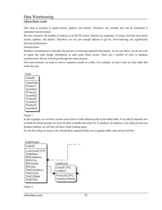 Data Warehousing
obieefans.com
little data as possible to speed inserts, updates, and deletes. Therefore, any number that can be calculated is
calculated and not stored.
We also minimize the number of indexes in an OLTP system. Indexes are important, of course, but they slow down
inserts, updates, and deletes. Therefore, we use just enough indexes to get by. Over-indexing can significantly
decrease performance.
Normalization
Database normalization is basically the process of removing repeated information. As we saw above, we do not want
to repeat the order header information in each order detail record. There are a number of rules in database
normalization, but we will not go through the entire process.
First and foremost, we want to remove repeated records in a table. For example, we don’t want an order table that
looks like this:




Figure 3
In this example, we will have to have some limit of order detail records in the Order table. If we add 20 repeated sets
of fields for detail records, we won’t be able to handle that order for 21 products. In addition, if an order just has one
product ordered, we still have all those fields wasting space.
So, the first thing we want to do is break those repeated fields into a separate table, and end up with this:




Figure 4


obieefans.com                                              32
 