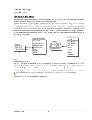 Data Warehousing
obieefans.com
Snowflake Schemas
Sometimes, the dimension tables have the hierarchies broken out into separate tables. This is a more normalized
structure, but leads to more difficult queries and slower response times.
Figure 9 represents the beginning of the snowflake process. The category hierarchy is being broken out of the
ProductDimension table. You can see that this structure increases the number of joins and can slow queries. Since
the purpose of our OLAP system is to speed queries, snowflaking is usually not something we want to do. Some
people try to normalize the dimension tables to save space. However, in the overall scheme of the data warehouse,
the dimension tables usually only hold about 1% of the records. Therefore, any space savings from normalizing, or
snowflaking, are negligible.




igure 9
Building the Fact Table
The Fact Table holds our measures, or facts. The measures are numeric and additive across some or all of the
dimensions. For example, sales are numeric and we can look at total sales for a product, or category, and we can
look at total sales by any time period. The sales figures are valid no matter how we slice the data.
While the dimension tables are short and fat, the fact tables are generally long and skinny. They are long because
they can hold the number of records represented by the product of the counts in all the dimension tables.

For example, take the following simplified star schema:




obieefans.com                                             38
 