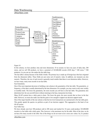Data Warehousing
obieefans.com




Figure 10
In this schema, we have product, time and store dimensions. If we assume we have ten years of daily data, 200
stores, and we sell 500 products, we have a potential of 365,000,000 records (3650 days * 200 stores * 500
products). As you can see, this makes the fact table long.
The fact table is skinny because of the fields it holds. The primary key is made up of foreign keys that have migrated
from the dimension tables. These fields are just some sort of numeric value. In addition, our measures are also
numeric. Therefore, the size of each record is generally much smaller than those in our dimension tables. However,
we have many, many more records in our fact table.
Fact Granularity
One of the most important decisions in building a star schema is the granularity of the fact table. The granularity, or
frequency, of the data is usually determined by the time dimension. For example, you may want to only store weekly
or monthly totals. The lower the granularity, the more records you will have in the fact table. The granularity also
determines how far you can drill down without returning to the base, transaction-level data.
Many OLAP systems have a daily grain to them. The lower the grain, the more records that we have in the fact
table. However, we must also make sure that the grain is low enough to support our decision support needs.
One of the major benefits of the star schema is that the low-level transactions are summarized to the fact table grain.
This greatly speeds the queries we perform as part of our decision support. This aggregation is the heart of our
OLAP system.
Fact Table Size
We have already seen how 500 products sold in 200 stores and tracked for 10 years could produce 365,000,000
records in a fact table with a daily grain. This, however, is the maximum size for the table. Most of the time, we do
not have this many records in the table. One of the things we do not want to do is store zero values. So, if a product

obieefans.com                                            39
 