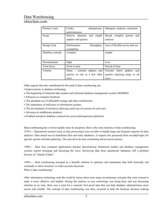 Data Warehousing
obieefans.com
                 Primary Users         Clerks,             salespersons,   Managers, analysts, customers
                                       administrators
                 Scope                 Narrow, planned, and simple         Broad, complex queries and
                                       updates and queries                 analysis

                 Design Goal           Performance          throughput,    Ease of flexible access and use
                                       availability
                 Database concept      Complex                             simple


                 Normalization         High                                Low
                 Time-focus            Point in time                       Period of time
                 Volume                Many - constant updates and         Periodic batch updates and
                                       queries on one or a few table       queries requiring many or all
                                       rows                                rows

Other aspects that also contributed for the need of data warehousing are:
• Improvements in database technology
o The beginning of relational data models and relational database management systems (RDBMS)
• Advances in computer hardware
o The abundant use of affordable storage and other architectures
• The importance of end-users in information systems
o The development of interfaces allowing easier use of systems for end users
• Advances in middleware products
o Enabled enterprise database connectivity across heterogeneous platforms



Data warehousing has evolved rapidly since its inception. Here is the story timeline of data warehousing:
1970’s – Operational systems (such as data processing) were not able to handle large and frequent requests for data
analyses. Data stored was in mainframe files and static databases. A request was processed from recorded tapes for
specific queries and data gathering. This proved to be time consuming and an inconvenience.

1980’s – Real time computer applications became decentralized. Relational models and database management
systems started emerging and becoming the wave. Retrieving data from operational databases still a problem
because of “islands of data.”

1990’s – Data warehousing emerged as a feasible solution to optimize and manipulate data both internally and
externally to allow business’ to make accurate decisions.
What is data warehousing?

After information technology took the world by storm, there were many revolutionary concepts that were created to
make it more effective and helpful. During the nineties as new technology was being born and was becoming
obsolete in no time, there was a need for a concrete fool proof idea that can help database administration more
secure and reliable. The concept of data warehousing was thus, invented to help the business decision making

obieefans.com                                           5
 